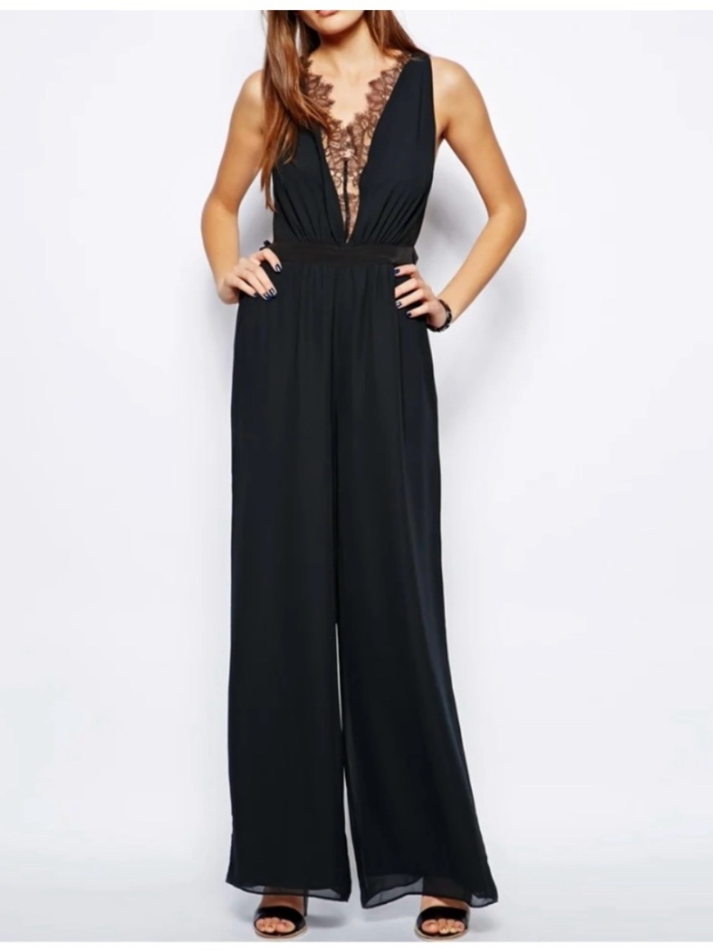 BCBGeneration Black Lace-Trim Deep V Jumpsuit